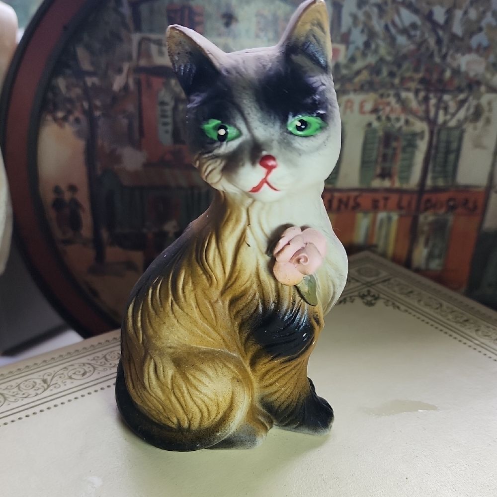 Vintage Calico Cat Figurine with Flower